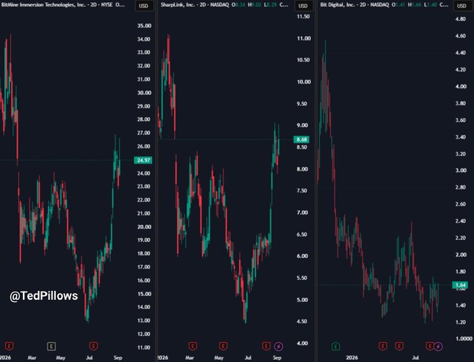 A side-by-side candlestick chart shows three "Ethereum Treasury" companies with strong recent uptrends: BitMine Immersion Technologies (BMNR, NYSE) rallying toward ~$25.57, Sharplink Inc. (SBET, NASDAQ) climbing to ~$8.68 with a +4.34% gain, and Bit Digital (BTBT, NASDAQ) reaching ~$1.66 up +5.12%, visually reinforcing the post's claim that ETH treasury firms—especially BitMine—are driving momentum that could attract more liquidity into Ethereum.