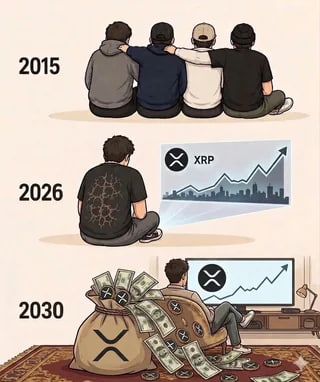 A three-panel meme shows friends sitting together in 2015, a lone figure watching an XRP price chart in 2026, and the same figure surrounded by money bags in 2030.