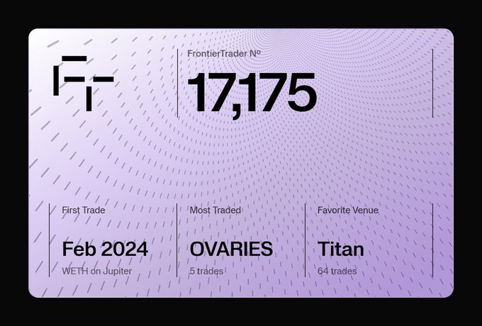 A 'FrontierTrader № 17,175' digital card with a purple dotted background showing First Trade 'Feb 2024 WETH on Jupiter', Most Traded 'OVARIES 5 trades', and Favorite Venue 'Titan 64 trades'.