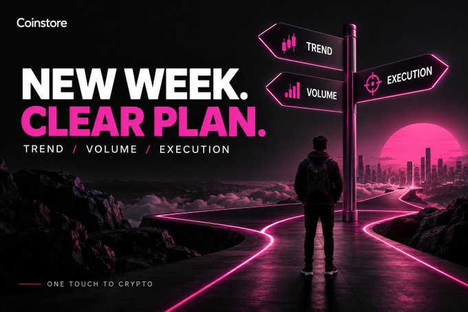 A promotional graphic for 'Coinstore' with the text 'NEW WEEK. CLEAR PLAN.' and 'TREND / VOLUME / EXECUTION', depicting a person looking at illuminated signs pointing to those three categories.