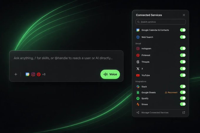 A dark-themed AI interface displays a chat input bar reading "Ask anything / for skills, or @handle to reach a user or AI directly" with a green Voice button, alongside a "Connected Services" panel listing toggle-enabled integrations like Google Calendar & Contacts, Web Search, Instagram, Pinterest, Threads, X, YouTube, Slack, Google Sheets (showing a "Reconnect" warning), Spotify, and Strava—illustrating the post's guidance to choose specific connected app tools for each workflow.