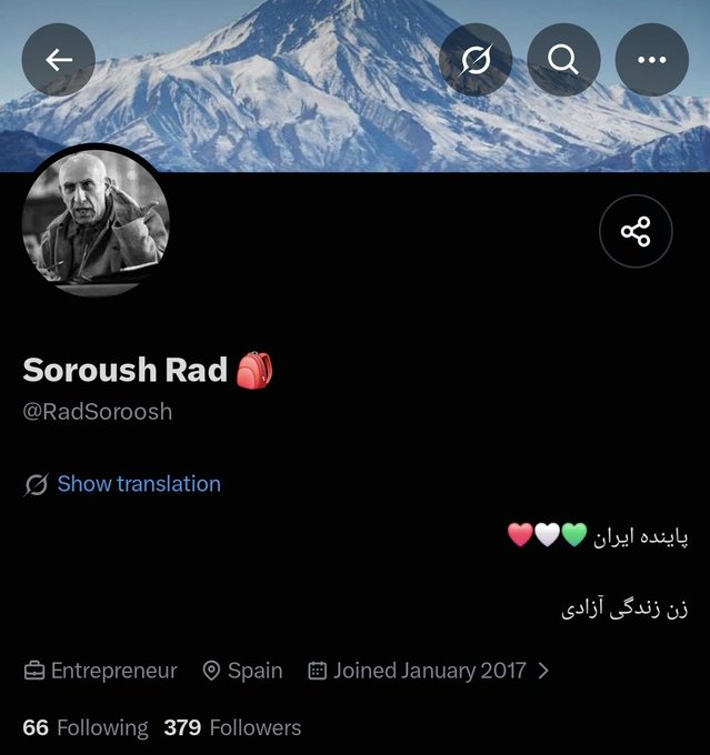 A Twitter/X profile page for 'Soroush Rad' (@RadSoroosh) with a mountain banner, showing bio text including 'Entrepreneur', 'Spain', and 'Joined January 2017', with 66 Following and 379 Followers.
