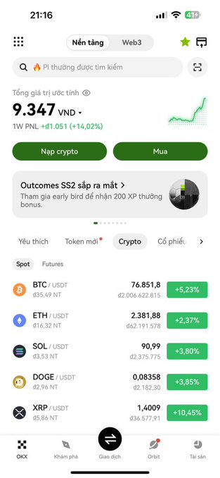 A mobile app screenshot in Vietnamese showing a crypto portfolio with a total value of '9.347 VNĐ', a 1W PNL of '+1.051 (+14,02%)', and a list of cryptocurrency prices including BTC, ETH, SOL, DOGE, and XRP.