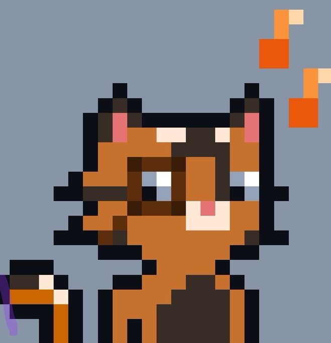 A pixel art image shows a brown, cartoonish animal character, possibly a cat or dog, wearing black glasses and holding a purple item, with two orange musical notes floating above its head against a solid blue-grey background.