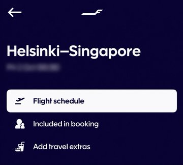 A flight booking screen showing "Helsinki–Singapore" with options for Flight schedule, Included in booking, and Add travel extras.