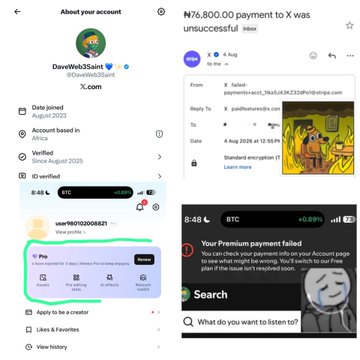 Screenshots of a X account profile ("DawidWeb3Saint") with blue verification, showing an unsuccessful ₦76,800.00 payment to X and a failed premium subscription message.