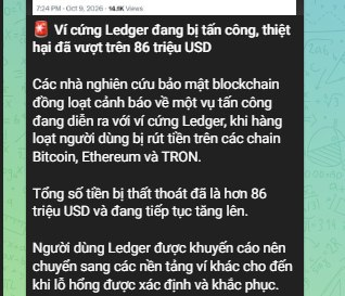 A Vietnamese-language news article from April 2026 (14.8K views) warns that the Ledger system is being attacked, with hackers draining over $86 million USD from Bitcoin, Ethereum, and TRON wallets.