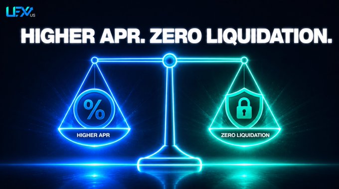 A promotional graphic for "UEX" featuring a glowing neon balance scale that visualizes the trade-off of Unliquidatable Loans, weighing a blue triangle labeled "HIGHER APR" (with a percent symbol) against a teal shield labeled "ZERO LIQUIDATION," beneath the headline "HIGHER APR. ZERO LIQUIDATION."