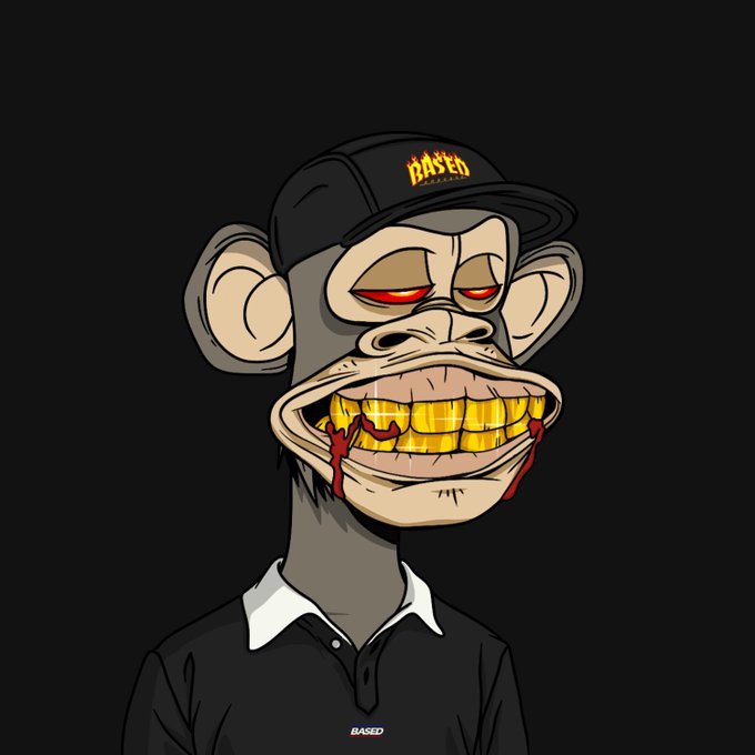 A cartoon illustration of a monkey wearing a black "BASED" cap and polo shirt, sporting prominent gold grillz with blood dripping from its mouth.
