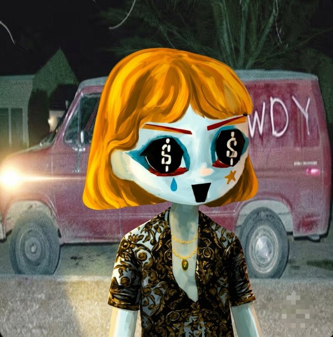 A digital illustration of a doll-like character with orange hair, dollar signs for eyes, and a single tear, standing in front of a pink van with 'WDY' written on it.