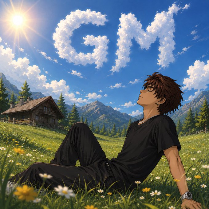 A young man relaxes in a sunlit alpine meadow, gazing up at the sky where fluffy clouds form the letters "GM," complementing the post's request for a "Good Morning" greeting.