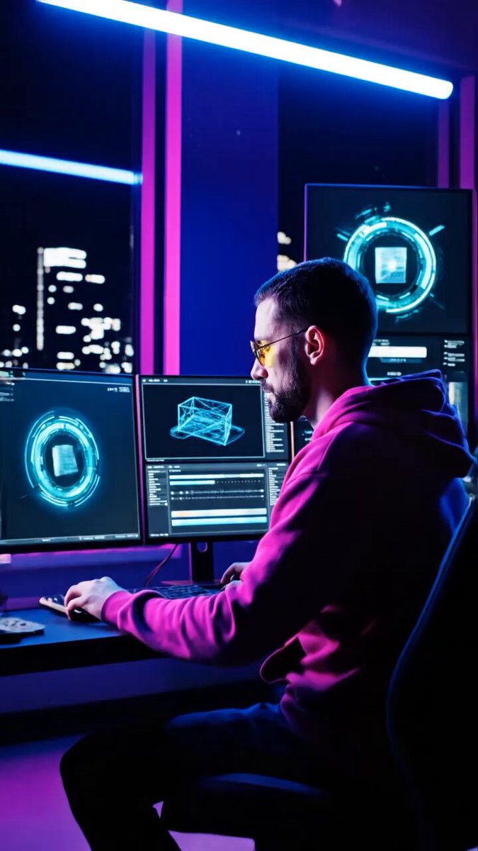 The image shows a man sitting at a desk with three computer monitors behind him. He appears to be focused on his work or possibly watching something on one of the screens. The background features a cityscape with buildings, indicating that he might be working in an urban setting. The caption for the image reads "Focus on what is in the image and how it relates to the post".