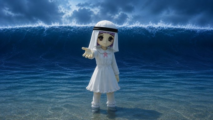 A 3D anime-style character in a white dress and veil stands in shallow water with a massive wave towering behind her under a cloudy sky.