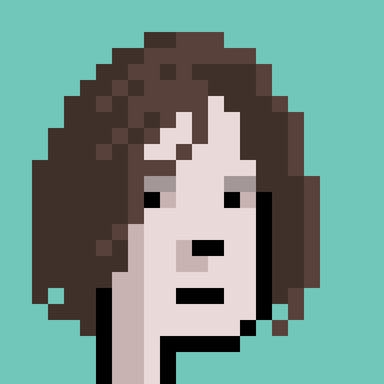 A pixel art portrait of a woman with long dark brown hair against a bright teal background.