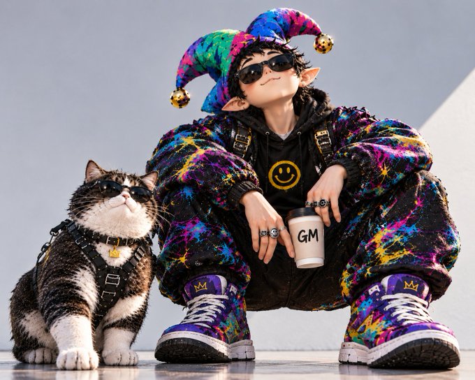 A stylized digital illustration of a person wearing a colorful paint-splattered jester hat, sunglasses, smiley-face hoodie, and matching outfit, sitting next to a tabby cat also wearing sunglasses and a studded collar.