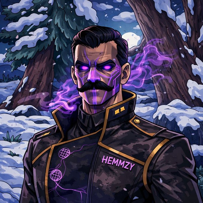 A comic-style digital illustration of a man with a mustache and glowing purple eyes, wearing a dark jacket with the text 'HEMMZY', surrounded by purple energy in a snowy forest setting.