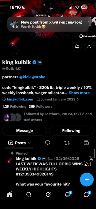 A Twitter/X profile screenshot of 'king kulbik' (@KulbikC), a gambling-related account with 36K followers promoting a partner code for Kick and Stake, showing a pinned post about weekly highlights.
