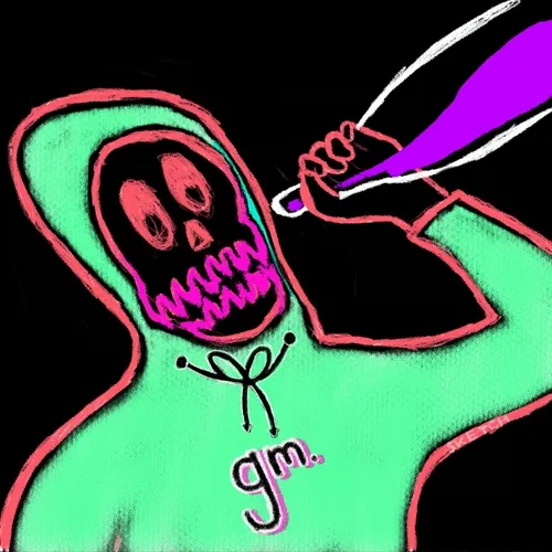 A digital illustration similar to Image 4, showing a skeletal figure in a green hoodie with 'gm.' text, holding a purple knife against a black background.