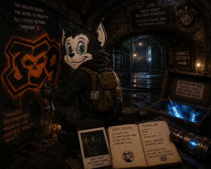 A dark fantasy illustration featuring an anthropomorphic cat character with dollar signs for eyes near a West Point Military Academy underground area, with mission logs referencing "AETHERIUM-369" vortex fuel at West Point Old Cadet Chapel Tunnels.