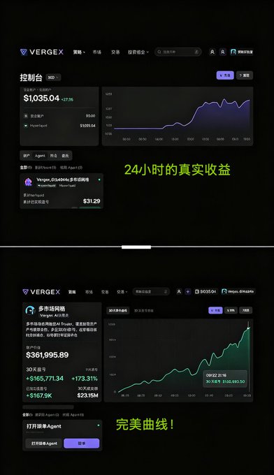 Two screenshots from the VERGE trading platform show account details and profit charts, with Chinese text overlays reading '24小时的真实收益' (24-hour real returns) and '完美曲线！' (Perfect curve!).