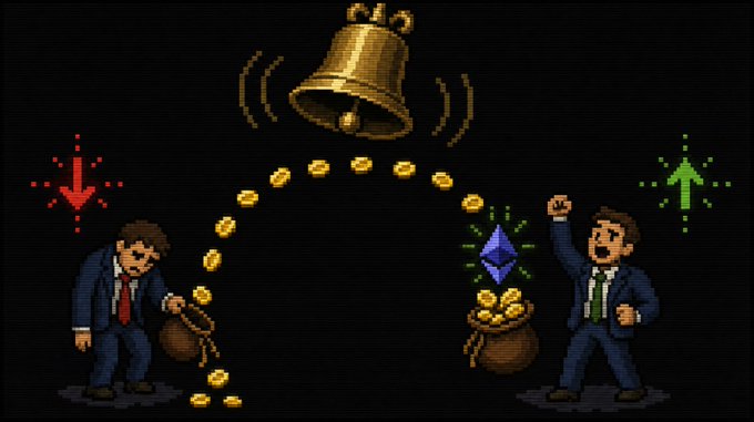 A pixel-art animation shows two suited brokers separated by a ringing bell, with coins arcing from a near-empty bag on the losing side (red down arrow) into a full bag topped by an Ethereum gem on the winning side (green up arrow), illustrating the post's description of weekly bell-rung battles where winners claim RUNE from losing brokers' bags.