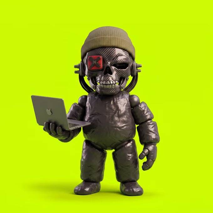 A 3D-rendered cartoon skeleton character with a beige beanie and a red "X" patch over one eye stands against a bright lime-green background, holding a laptop while wearing dark tactical gear, fitting the edgy NFT collector aesthetic referenced in the post about purchasing "WIF Outlaws #1871" from @crypto_czar_eth.