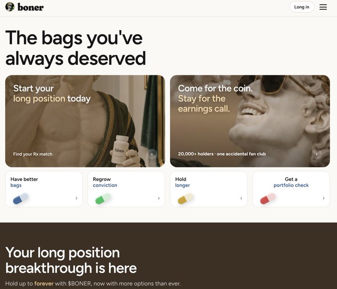 A website for 'boner' with the headline 'The bags you've always deserved' and tongue-in-cheek crypto slang like 'long position' alongside a classical statue image.