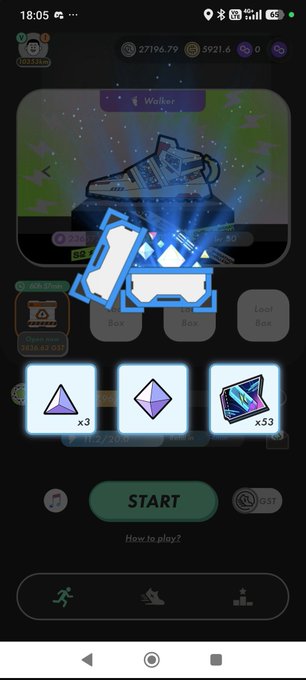 The image displays a mobile game loot box opening screen featuring a "Walker" sneaker as the prize, with three reward slots showing purple crystals and a blue item. The post notes that the purple item appears frequently as a common drop, referencing the R (rewards/rarity) value of around 2500, which explains the frequent appearance of the purple cloth formation in the loot outcomes.