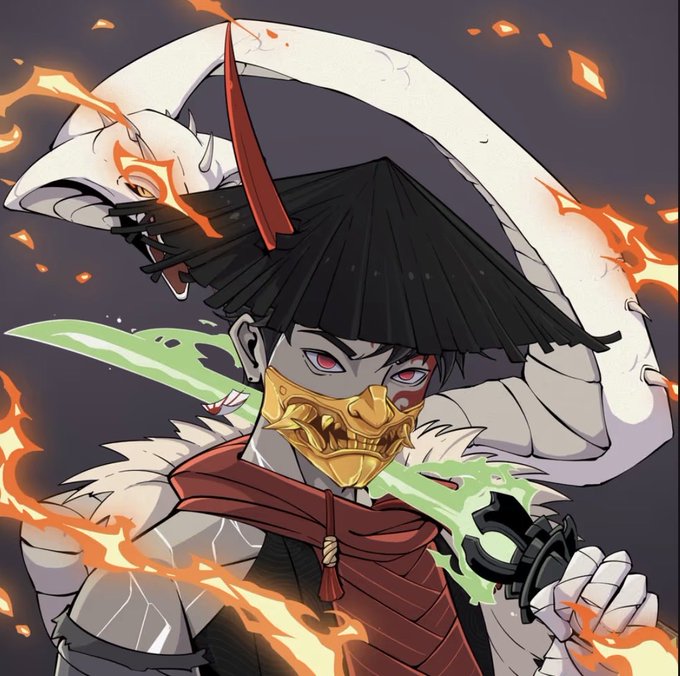 A dynamic illustration depicts a samurai warrior wearing a golden skull mask and wide-brimmed hat, wielding a glowing green sword while a white dragon-like creature coils behind him amid orange flames.