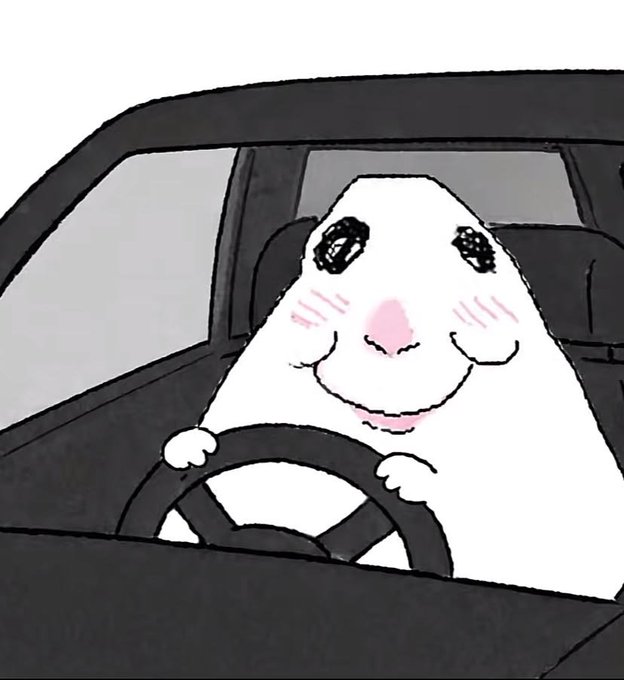A cute cartoon illustration of a white, fluffy creature with pink cheeks sitting behind the steering wheel of a car.