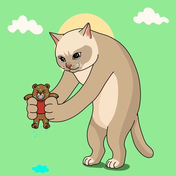 A cartoon cat stands upright on its hind legs, clutching a small teddy bear tightly while a single tear drops from its eye, set against a green background with a yellow sun. The image playfully illustrates the post's "bear" metaphor, showing a cat literally wrestling with a bear toy—symbolizing the $CASHCAT token's resilience against bearish market forces.