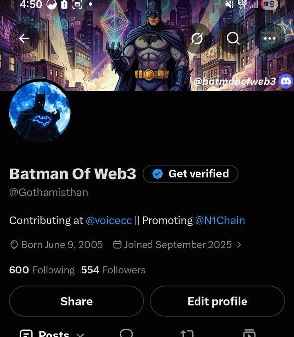 A Twitter/X profile page for 'Batman Of Web3' (@Gothamisthan) featuring a banner and profile picture of Batman, displaying '600 Following', '554 Followers', and text stating 'Contributing at @voiceccc || Promoting @N1Chain'.