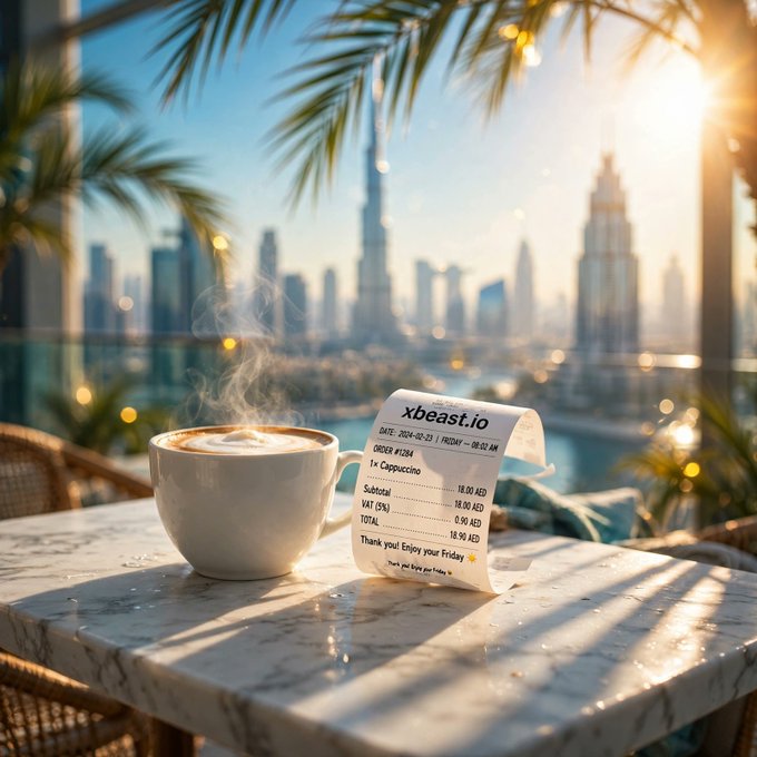 A steaming cup of cappuccino on a marble table with a receipt reading 'xbeast.io' for a 1x Cappuccino at 18.00 AED, overlooking a city skyline with the Burj Khalifa visible at sunset.