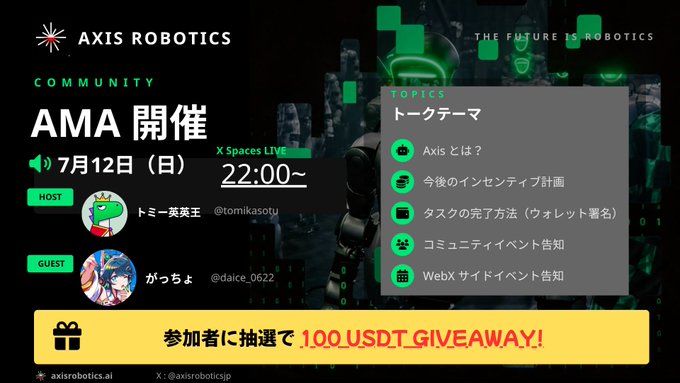 A promotional graphic for an Axis Robotics AMA event scheduled for July 12th (Sun) at 22:00 on X Spaces, hosted by Tomi (@tomikasotsu) with guest Kaccho (@daice_0622), featuring a 100 USDT giveaway for participants. The image lists discussion topics including what Axis is, future incentive plans, task completion methods, and community/Web3 event announcements, aligning with the post's promotion of the AI x Robotics-themed live event.