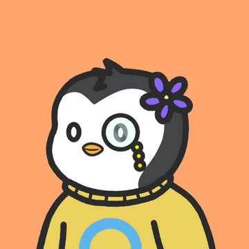 A cartoon penguin character wearing a yellow sweater with a blue circle, a monocle, and a purple flower on its head, set against an orange background.