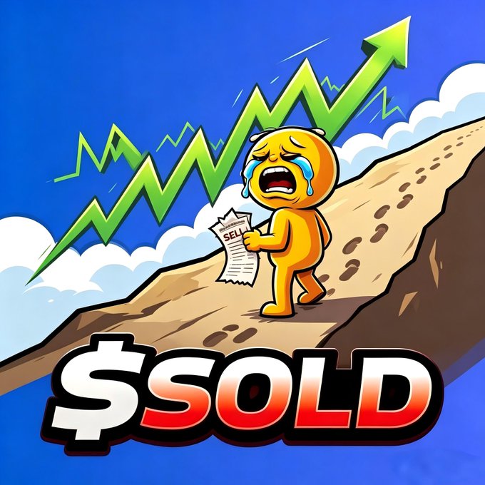 A crying figure clutches a "SELL" receipt while climbing a mountain beneath a rising green stock chart arrow, with bold "$SOLD" text below, illustrating the regret of selling a cryptocurrency too early and watching it skyrocket afterward.