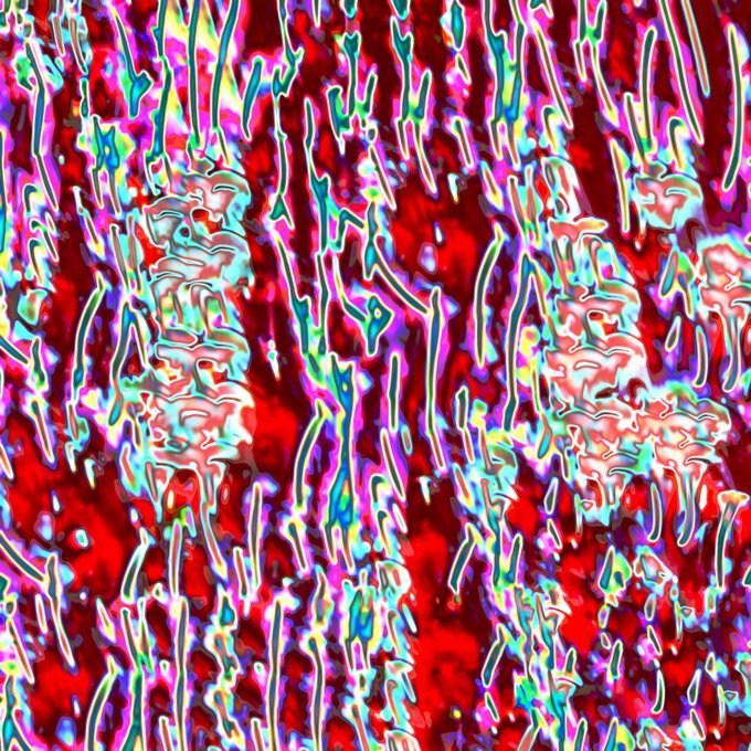 An abstract, highly saturated artwork featuring chaotic, swirling patterns of red, cyan, and yellow with a melted or liquid distortion effect.