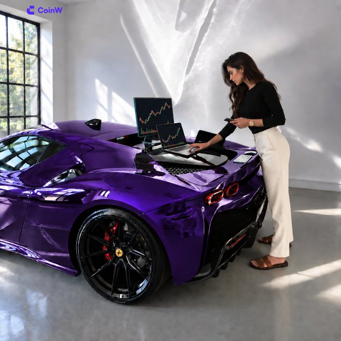 A woman in a black top and white pants stands next to a purple Ferrari, using a laptop displaying a stock chart, with the CoinW logo visible in the corner.