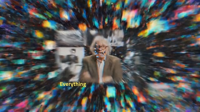 The image features a man with white hair wearing glasses, surrounded by colorful lights that create an artistic and surreal atmosphere. The background includes various images and text, including one suggesting that Sui will be the future of agentic web. This implies that the man in the center is a character or figure associated with the concept of Sui, who could potentially represent the future of web development or technology.