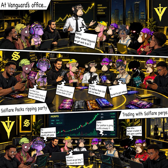 A comic-style illustration depicting a group of anthropomorphic characters and humans at 'Vanguard's office,' discussing crypto projects like 'SolFlare Packs' and trading on the Solana (SOL) perpetual futures market.