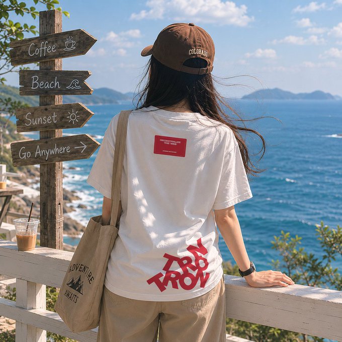 The image features a woman standing near a wooden signpost, wearing a white t-shirt with red text that reads "TRON TROV". She has her back turned towards the camera while holding a brown bag over her shoulder. The background of the photo shows an ocean view and a beach setting, suggesting she might be at a coastal location or enjoying some leisure time by the water.

The post in question is about good morning messages, with a focus on #GM and #TRON TROV. This could indicate that the woman has posted something related to her t-shirt or the ocean view, possibly sharing her experience or expressing her thoughts on the subject matter.