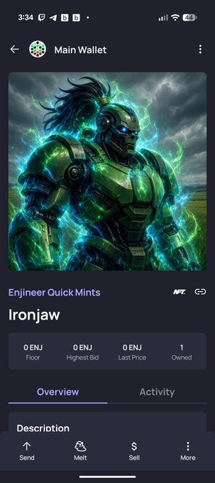 Screenshot of a mobile wallet app showing an NFT called 'Ironjaw' from the 'Enjineer Quick Mints' collection with details like Floor, Highest Bid, and Last Price all at 0 ENJ.