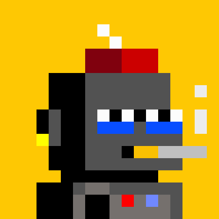 A pixel art character with a black hat, sunglasses, and an orange cigarette against a yellow background.