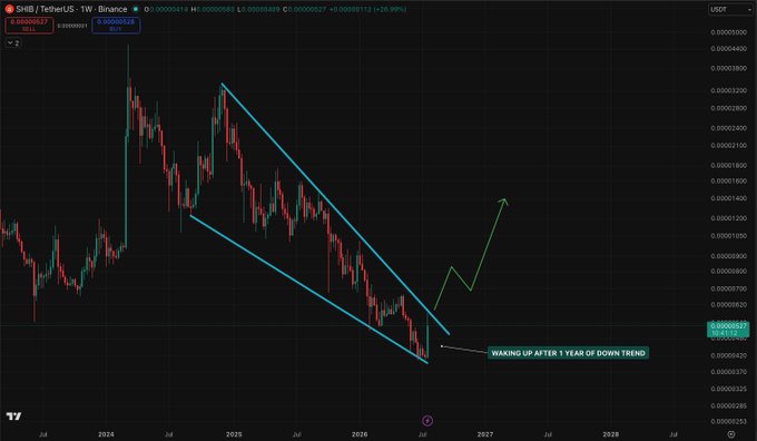 This chart shows the $SHIB/TetherUS weekly price, illustrating a year-long downtrend within a descending channel. A green arrow suggests a potential upward breakout is imminent.