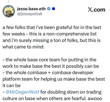 A screenshot of a post from Jesse Pollak (@jessepollak) on X.com thanking various teams, including the 'base core team', 'coinbase', and '@MrDegenWolf'.