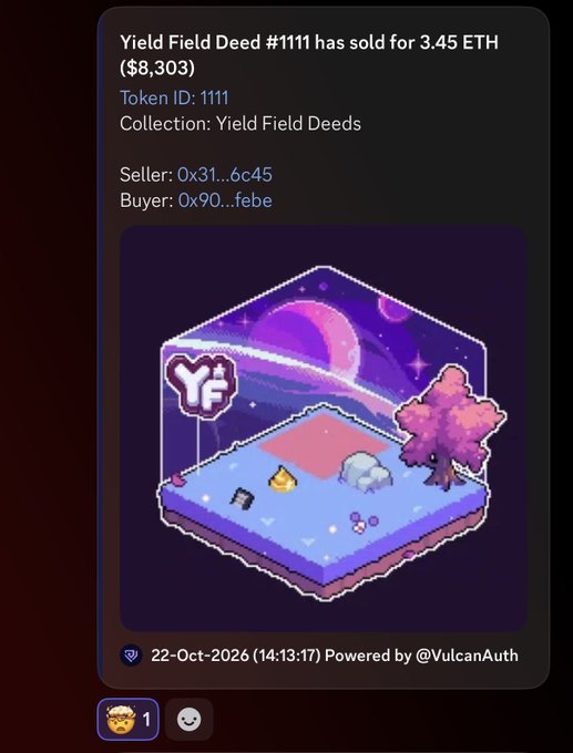 A screenshot of an NFT sale announcement for “Yield Field Deed #1111,” which sold for 3.45 ETH ($8,303). It identifies Token ID 1111 from the Yield Field Deeds collection and notes it was powered by @VulcanAuth.