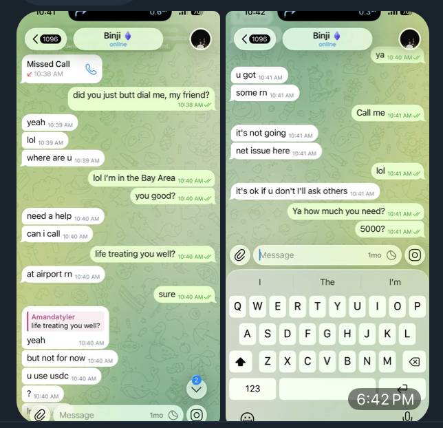 Two side-by-side WhatsApp chat screenshots showing a conversation with 'Binji' about a butt dial, network issues, and being at the airport, with one screenshot showing an open keyboard.