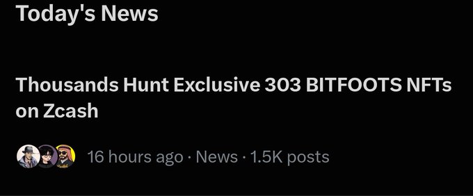 A screenshot of a "Today's News" section featuring the headline "Thousands Hunt Exclusive 303 BITFOOTS NFTs on Zcash," posted 16 hours ago with 1.5K posts and accompanied by three avatar icons. The image aligns with the post's message about BITFOOTS_ trending and gaining news visibility as a new meta.