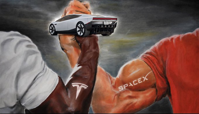 A dramatic illustration depicts two muscular arms locked in an arm-wrestling match, with the left arm branded with the Tesla logo and the right arm marked "SPACEX," while they jointly grasp a sleek silver sports car in a tug-of-war for control.