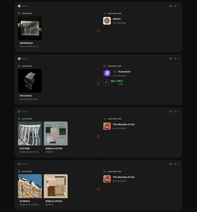 A dark-themed screenshot of a trading platform showing four swap offers from users @smxs and @fetuk, offering items like "Print of a Print of a Pi..." #60565843, a "Runestone" valued at 0.0025 ETH, and BritBlocks items in exchange for "CENTS" and "The Wizards of Ord" inscriptions.